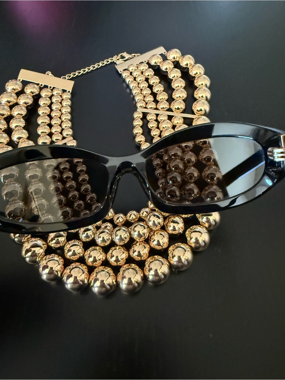 Miu Miu Black Sunglasses with Gold Beaded Necklace